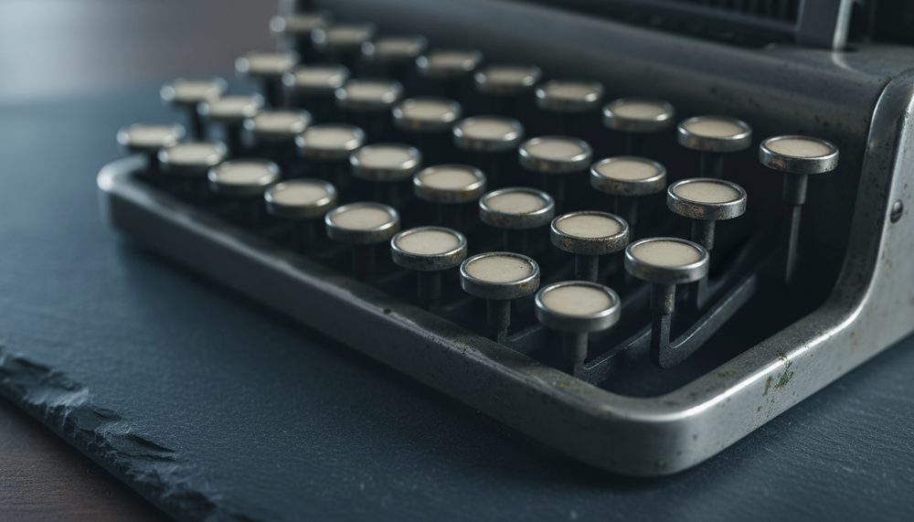 The blank metal keys of a vintage mechanical adding machine on a dark slate desk.