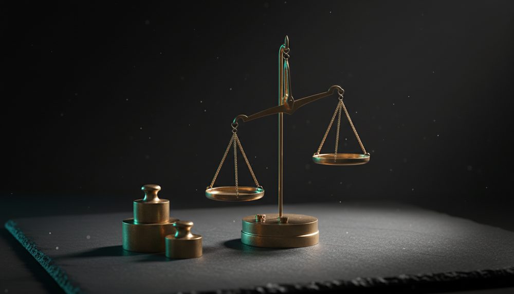 A small brass balance scale tipped slightly out of level beside a stack of plain weights.