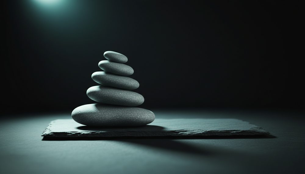 Five graduated river stones stacked in a balanced tower on a slate slab.
