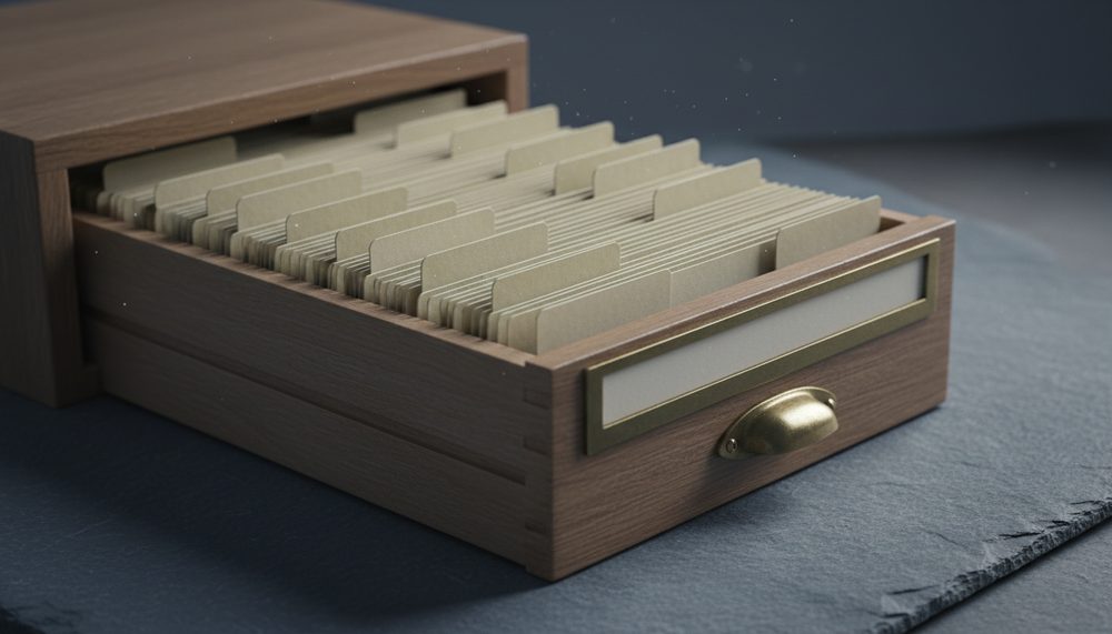An open wooden card-index drawer packed with cream index cards and blank raised dividers.