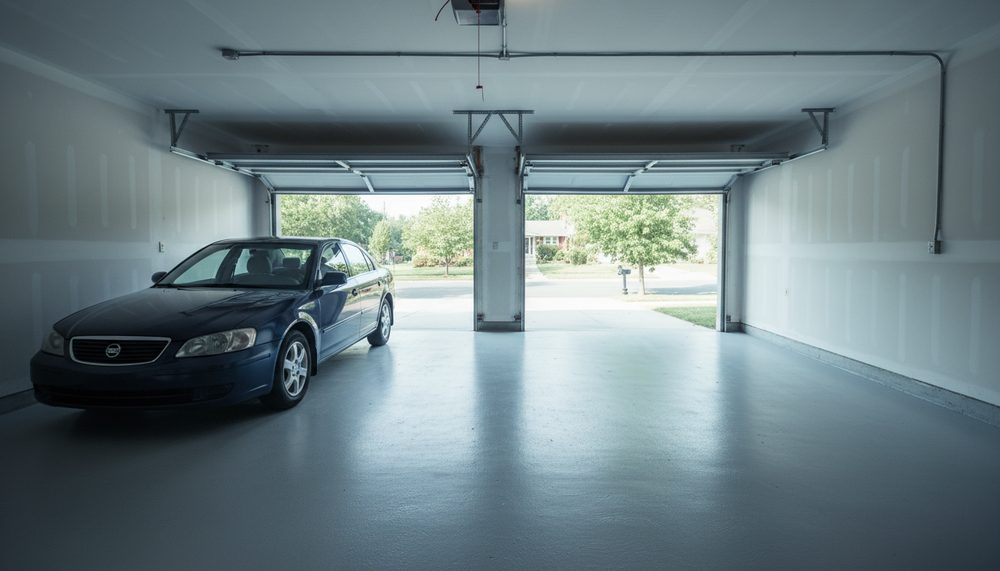 A two-car garage with one sedan parked and the second bay standing empty, door open to morning light.