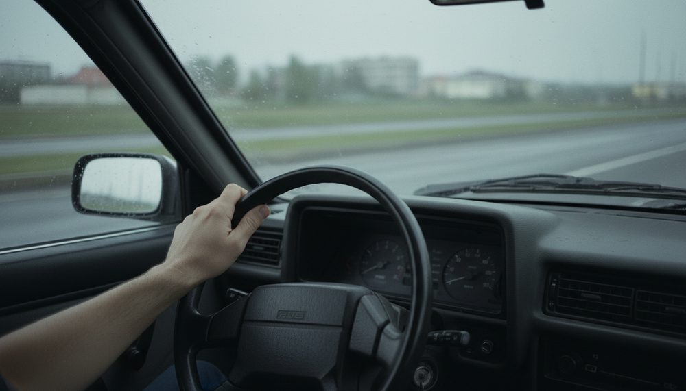 A driver's hand resting at nine o'clock on the steering wheel of an older sedan during a grey morning commute.