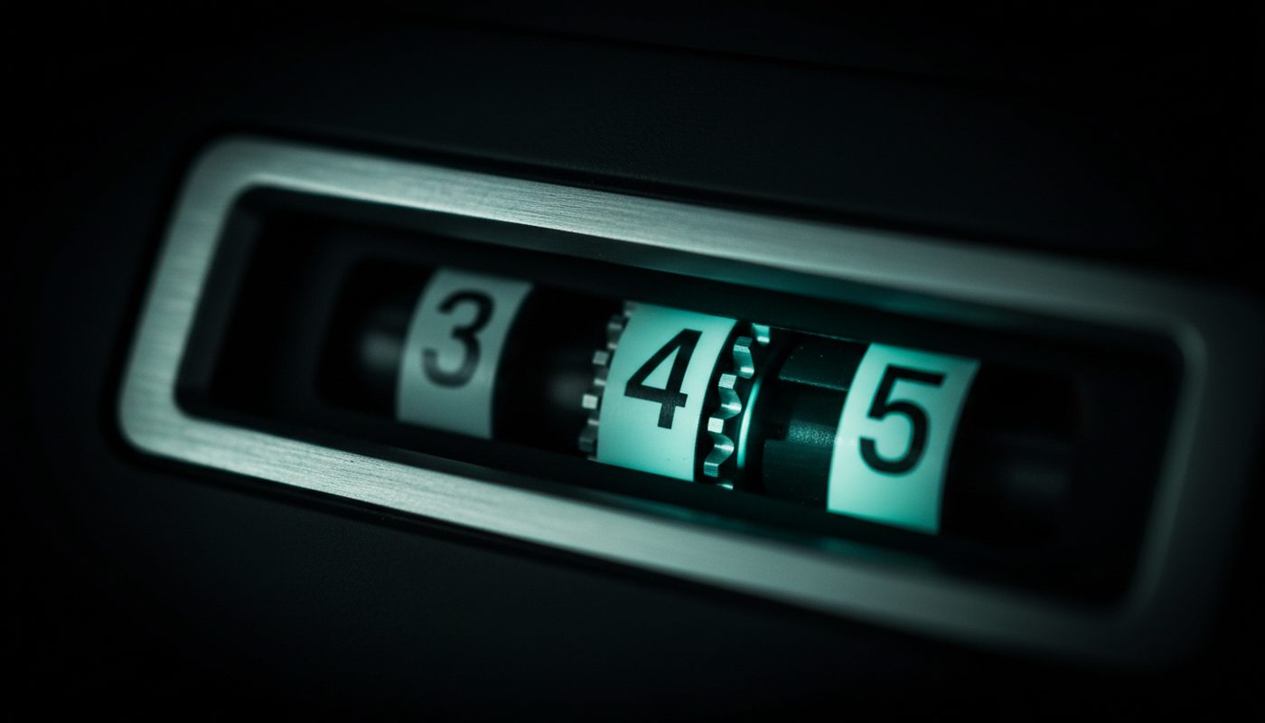 A macro view of an analog odometer digit roller caught mid-turn behind a dim instrument bezel.