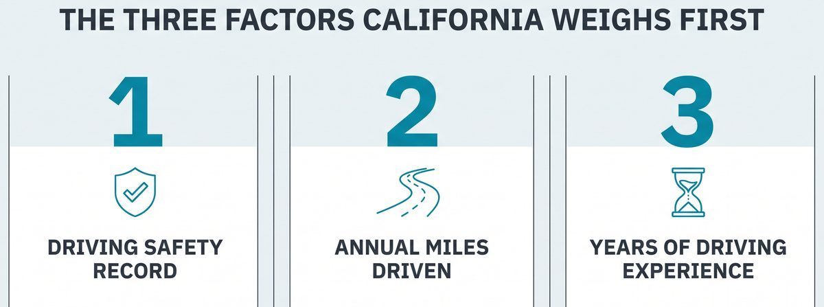 The three factors California requires insurers to weigh first: driving safety record, annual miles driven, and years of driving experience.