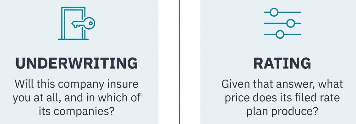 Underwriting decides whether a company will insure you and in which of its companies; rating decides what its filed rate plan then charges.